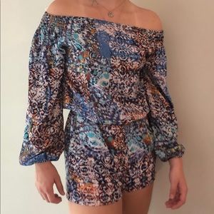 AQUA patterned off the shoulder romper